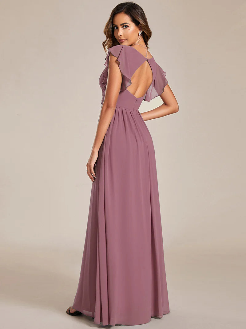 V-Neck Ruffle Bridesmaid Dress – Pleated & Belted Chiffon Gown