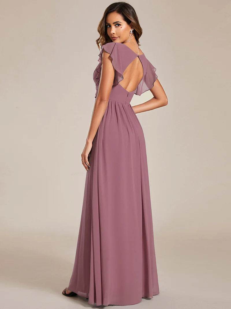 V-Neck Ruffle Bridesmaid Dress – Pleated & Belted Chiffon Gown - Biamonde