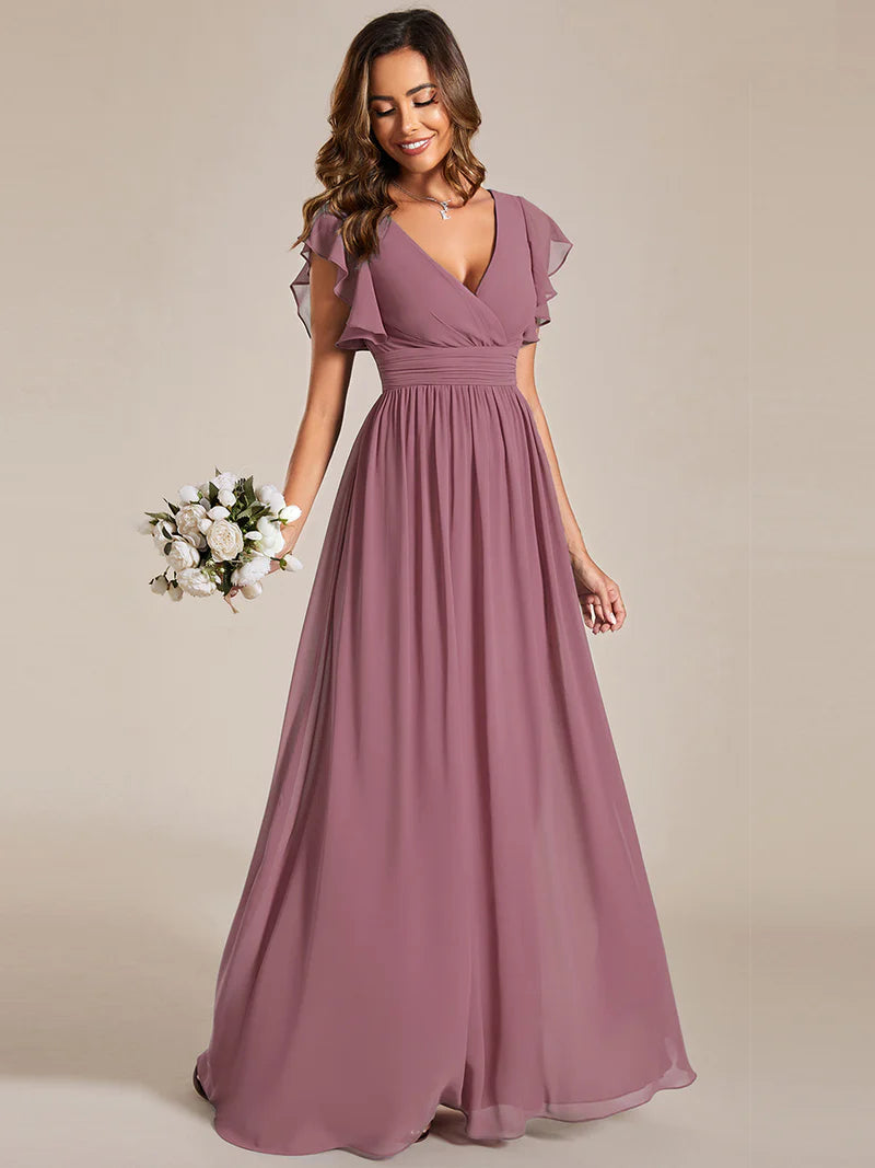 V-Neck Ruffle Bridesmaid Dress – Pleated & Belted Chiffon Gown