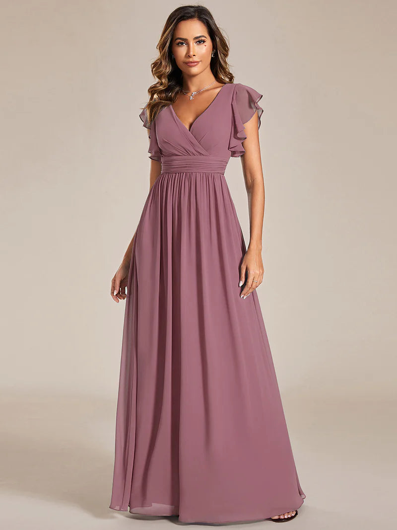 V-Neck Ruffle Bridesmaid Dress – Pleated & Belted Chiffon Gown