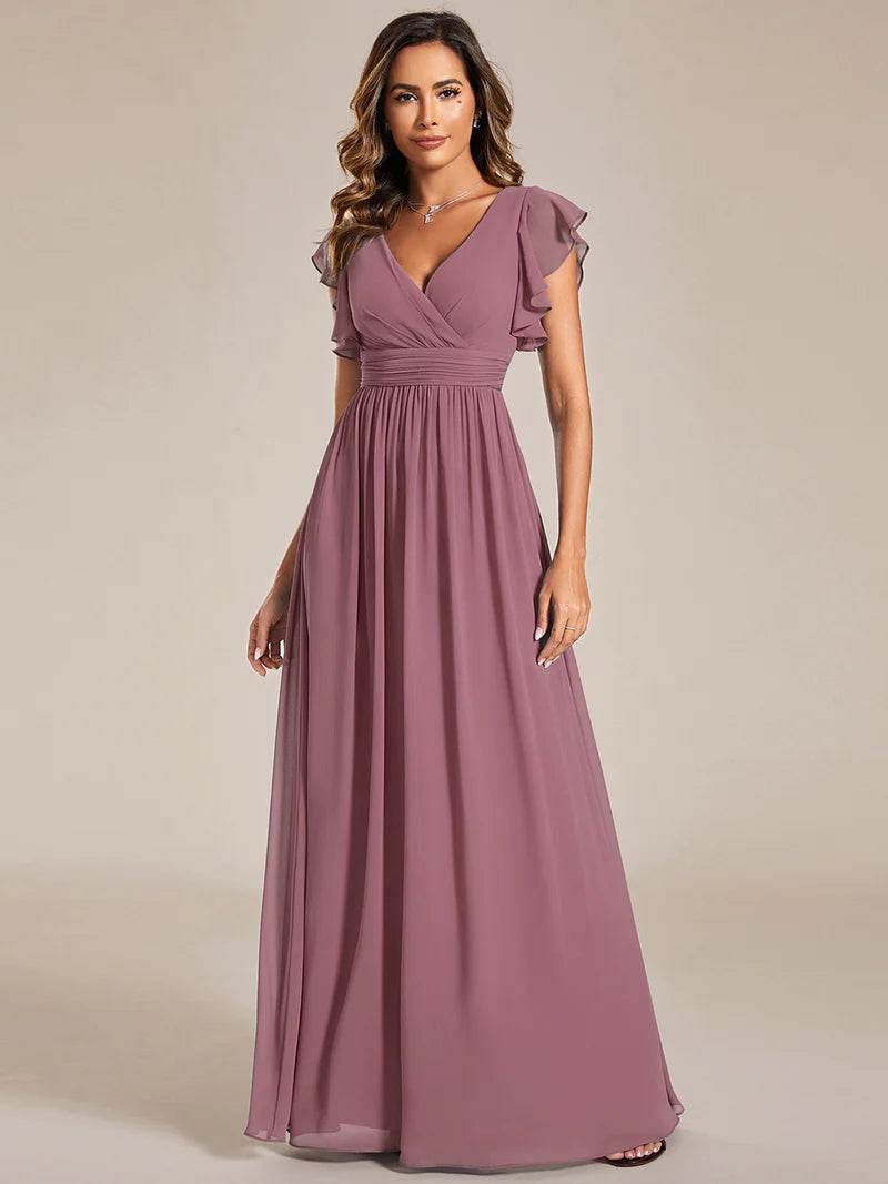 V-Neck Ruffle Bridesmaid Dress – Pleated & Belted Chiffon Gown - Biamonde