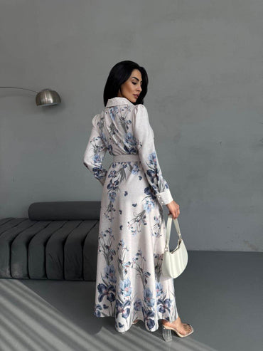 Vintage-Inspired Long Sleeve Floral Maxi Dress with Belted Waist - Biamonde