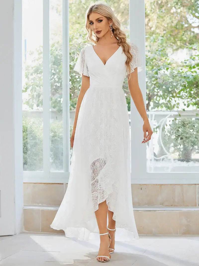Deep V-Neck A-Line Evening Dress – Sheer Short Sleeves & Elegant Flow - Biamonde