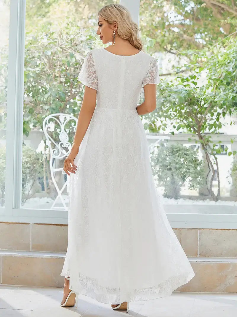 White Deep V-Neck A-Line Evening Dress – Sheer Short Sleeves & Elegant Flow