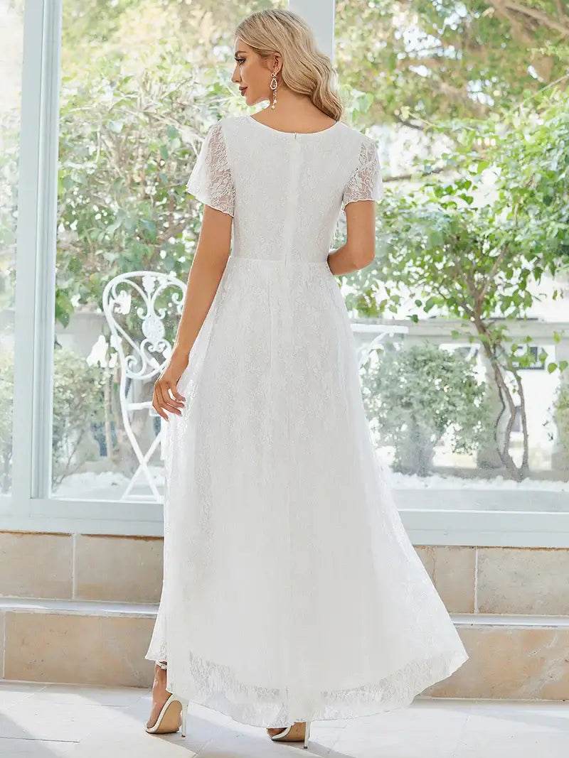 Deep V-Neck A-Line Evening Dress – Sheer Short Sleeves & Elegant Flow - Biamonde