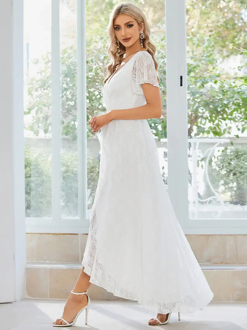 White Deep V-Neck A-Line Evening Dress – Sheer Short Sleeves & Elegant Flow