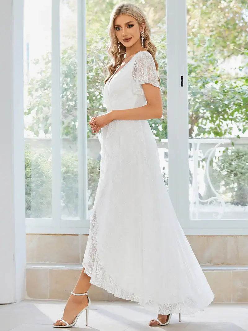 Deep V-Neck A-Line Evening Dress – Sheer Short Sleeves & Elegant Flow - Biamonde