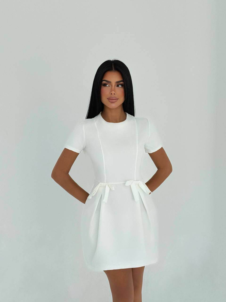 White Mini Dress with Waist Bows – Simple & Elegant Casual Style - Biamonde