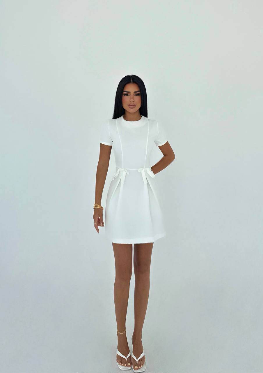White Mini Dress with Waist Bows – Simple & Elegant Casual Style - Biamonde