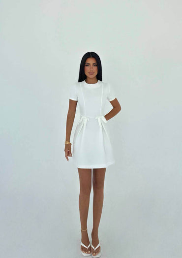 White Mini Dress with Waist Bows – Simple & Elegant Casual Style - Biamonde