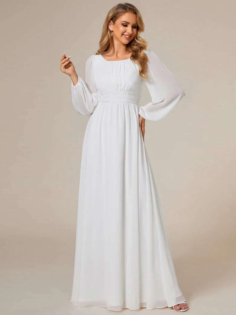 White bridesmaid dress with round neckline and long lantern sleeves