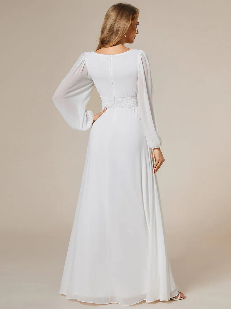 White bridesmaid dress with round neckline and long lantern sleeves