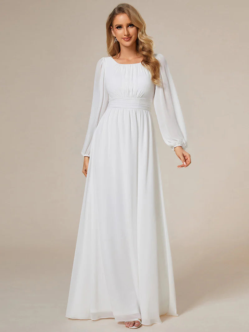 White bridesmaid dress with round neckline and long lantern sleeves