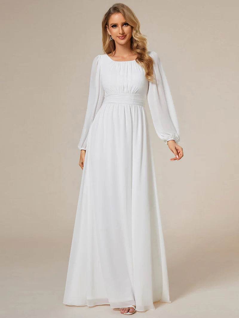 Round Neck Bridesmaid Dress – Long Lantern Sleeves, Elegant Fit - Biamonde