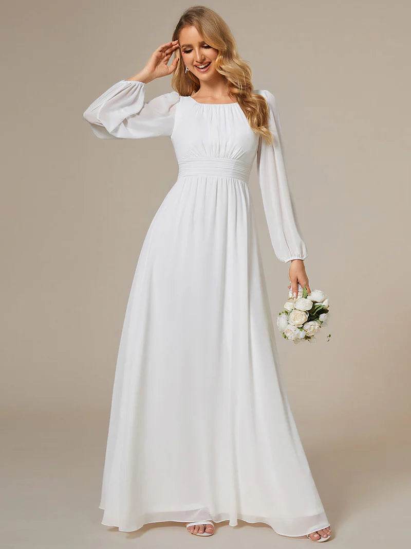 Round Neck Bridesmaid Dress – Long Lantern Sleeves, Elegant Fit - Biamonde