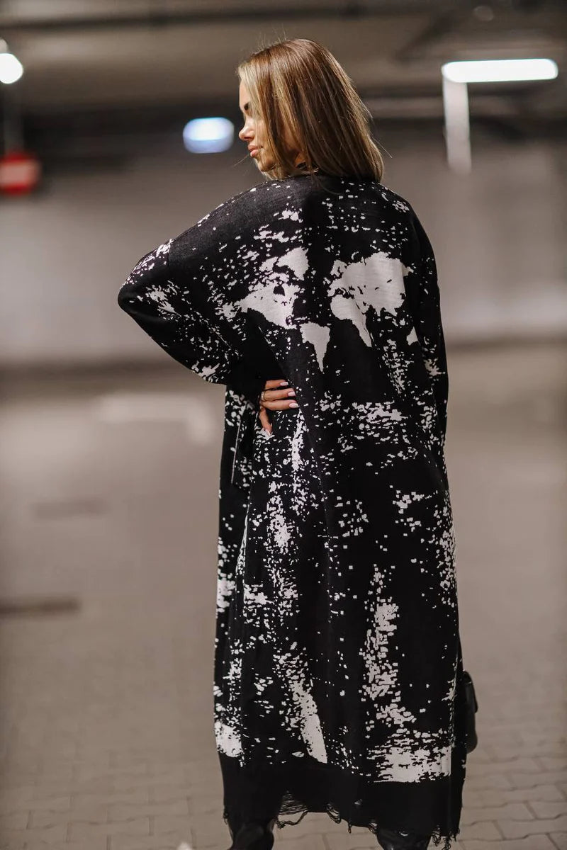 World long black cardigan, elegant extended knit layer for cozy comfort