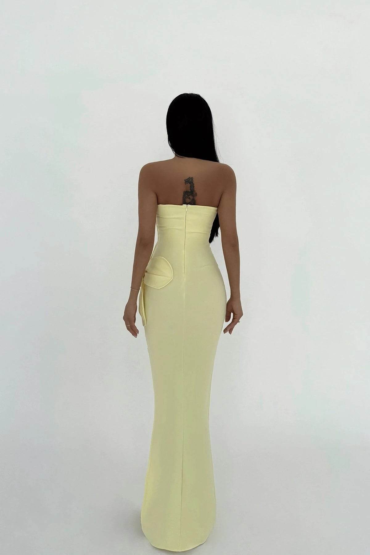Strapless Yellow Maxi Dress with 3D Flower Detail and Side Slit - Biamonde
