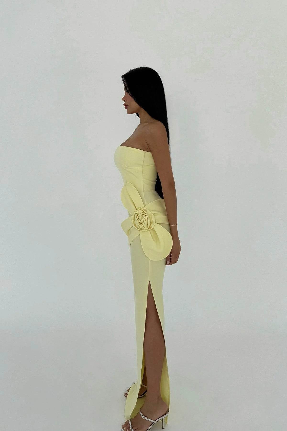 Strapless Yellow Maxi Dress with 3D Flower Detail and Side Slit - Biamonde