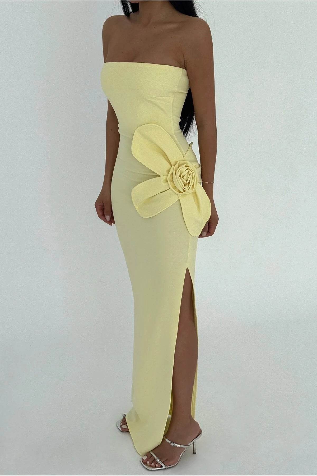 Strapless Yellow Maxi Dress with 3D Flower Detail and Side Slit - Biamonde