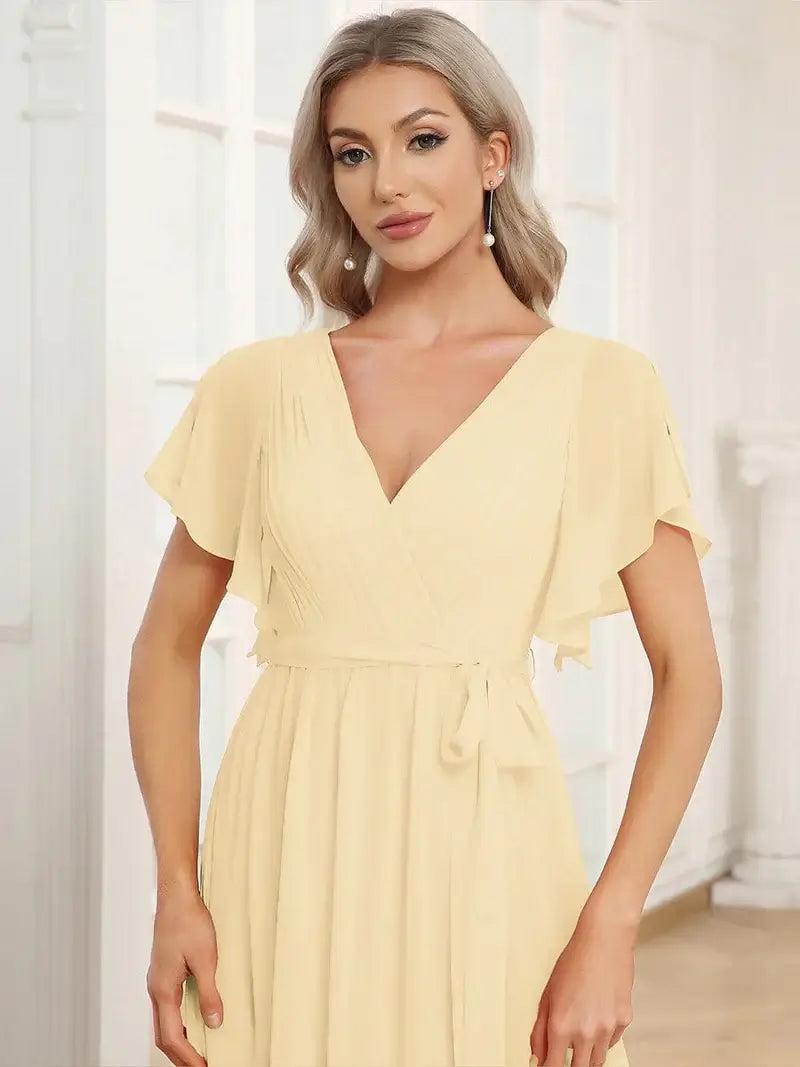 Yellow elegant A-line bridesmaid dress with deep V-neckline and soft ruffle sleeves
