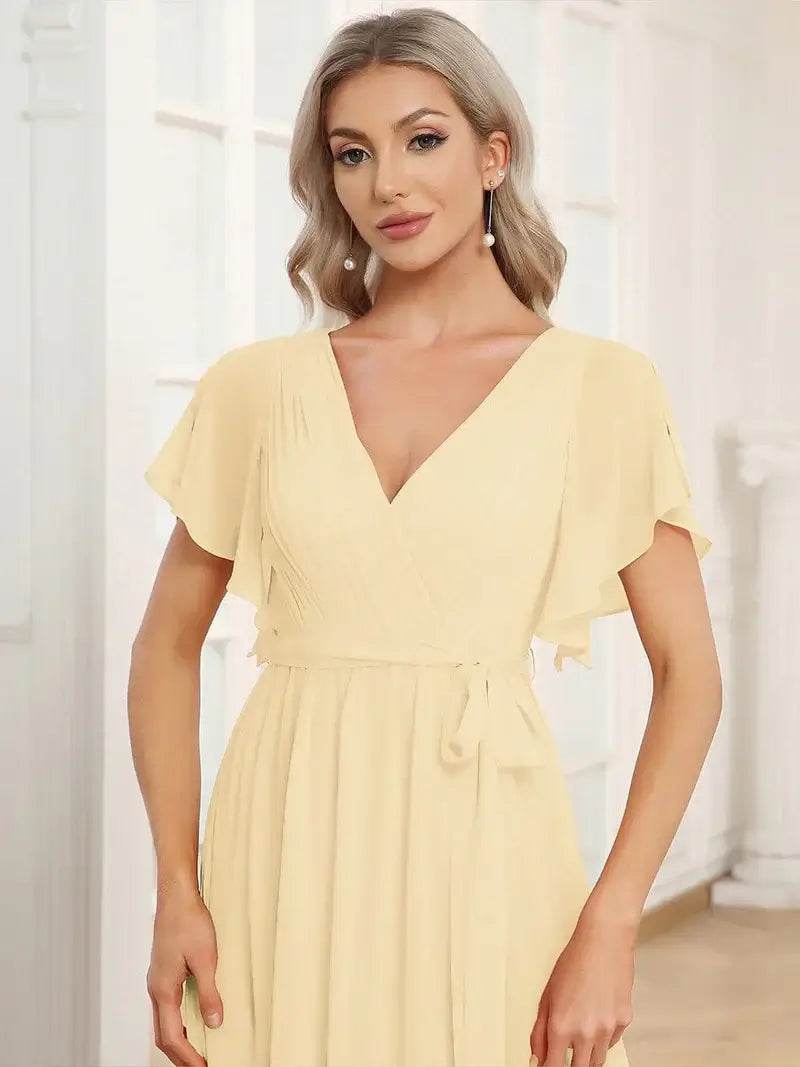 A-Line Bridesmaid Dress – Deep V-Neck with Ruffle Sleeves - Biamonde