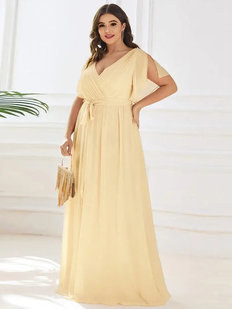 Yellow Elegant A-line bridesmaid dress with deep V-neckline and soft ruffle sleeves