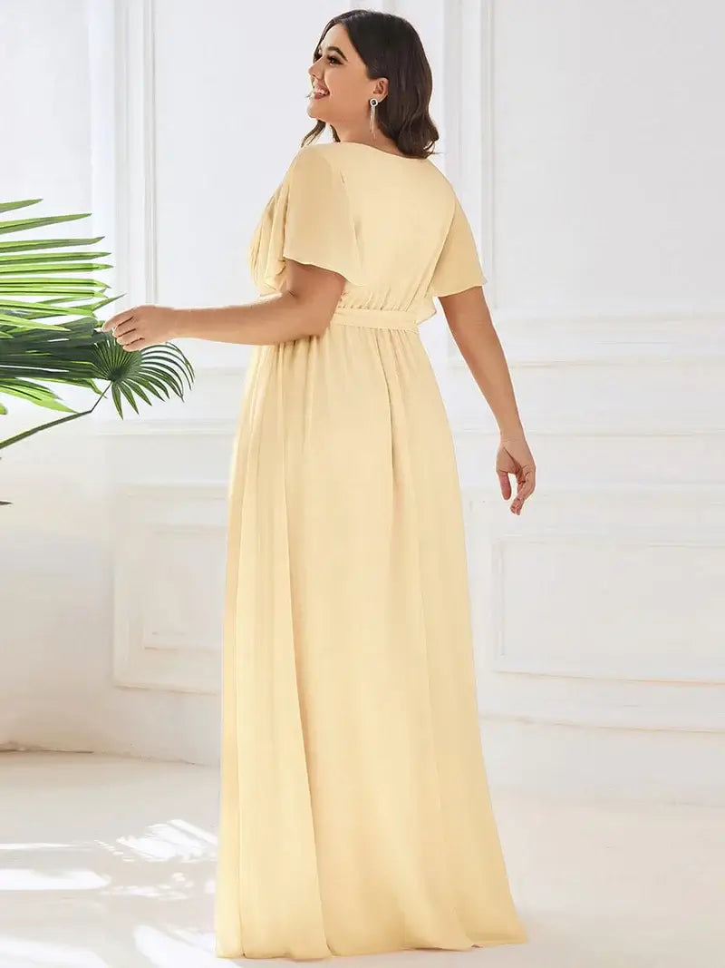 Yellow Elegant A-line bridesmaid dress with deep V-neckline and soft ruffle sleeves