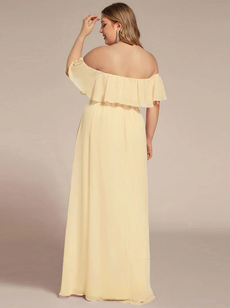 Yellow bridesmaid dress with ruffle detailing and thigh-high split