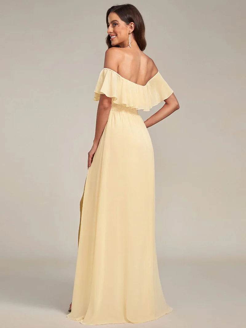Off-the-Shoulder Bridesmaid Dress – Ruffled with Thigh Split - Biamonde