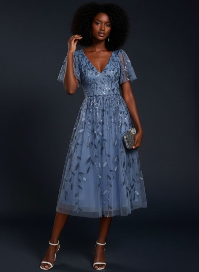 Dusty Blue lace tull midi party dress 