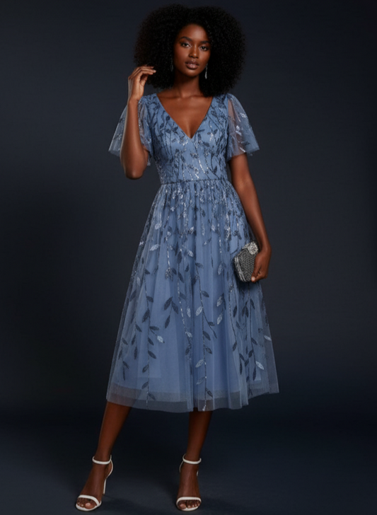 Dusty Blue lace tull midi party dress 