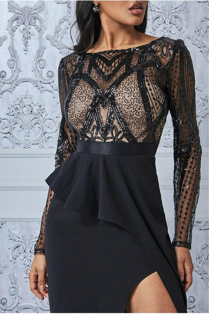 Sequin Bodice With Front Frill Midi Black Dress