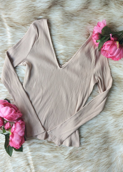 Ribbed Long Sleeve V-Neck Top