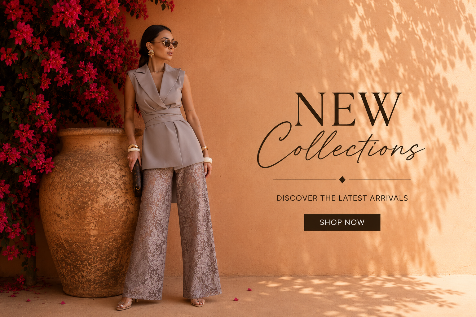 Woman in a stylish outfit standing next to a large vase with pink flowers, promotional text for new collections.