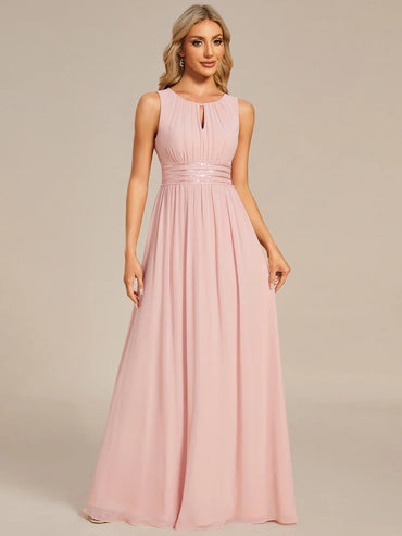 Chiffon Bridesmaid Dress – Maxi Length with Hollow Round Neck Design