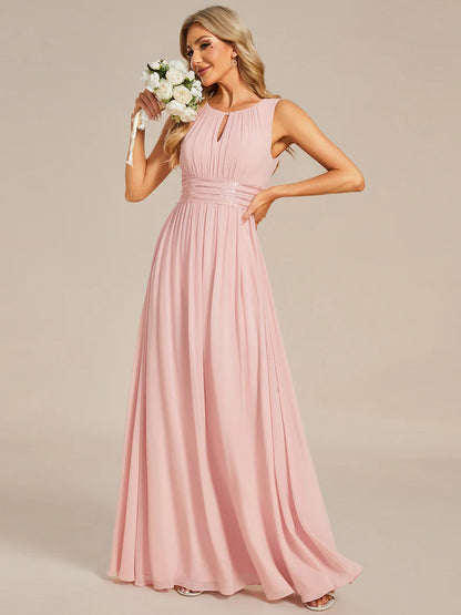 Chiffon Bridesmaid Dress – Maxi Length with Hollow Round Neck Design