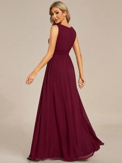 Chiffon Bridesmaid Dress – Maxi Length with Hollow Round Neck Design