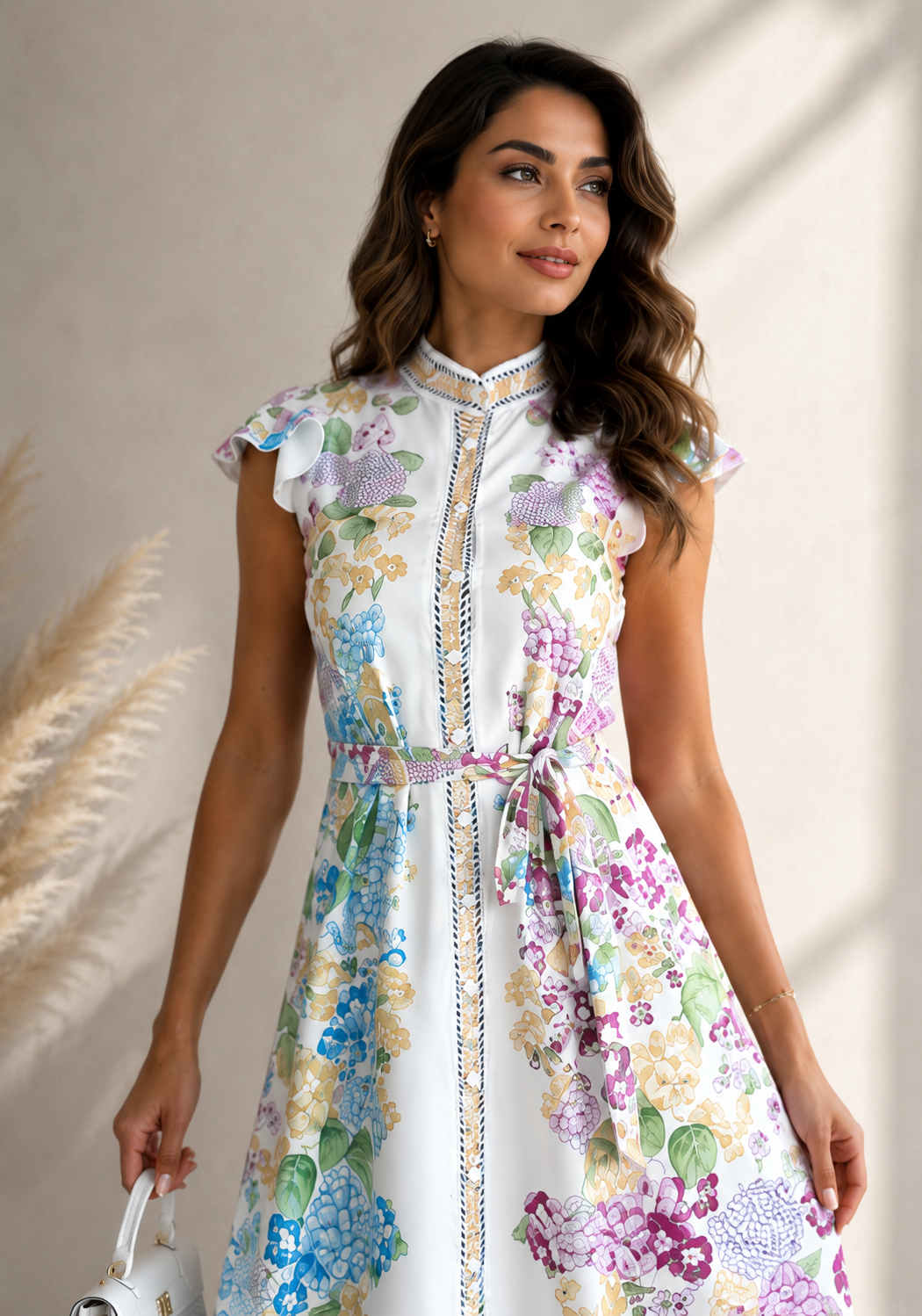 Woman wearing a floral dress with a neutral background