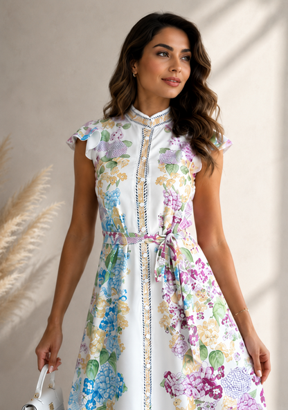Woman wearing a floral dress with a neutral background