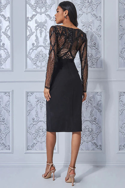 Sequin Bodice With Front Frill Midi Black Dress