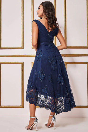 High And Low Dress With Pleated Bodice Maxi Navy Dress