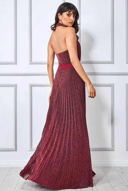 Lurex Halter Neck Pleated Maxi Dress - Wine - Biamonde