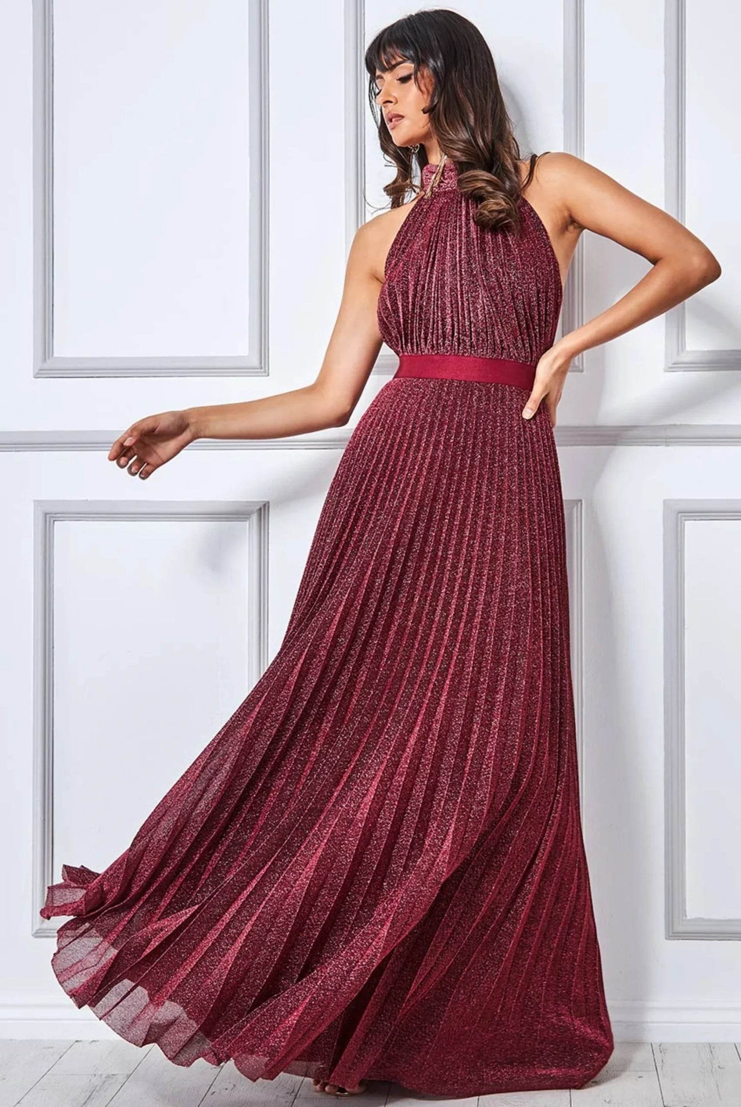 Lurex Halter Neck Pleated Maxi Dress - Wine - Biamonde