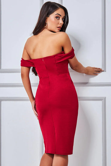 Cowl Neck Off The Shoulder Midi Wine Dress