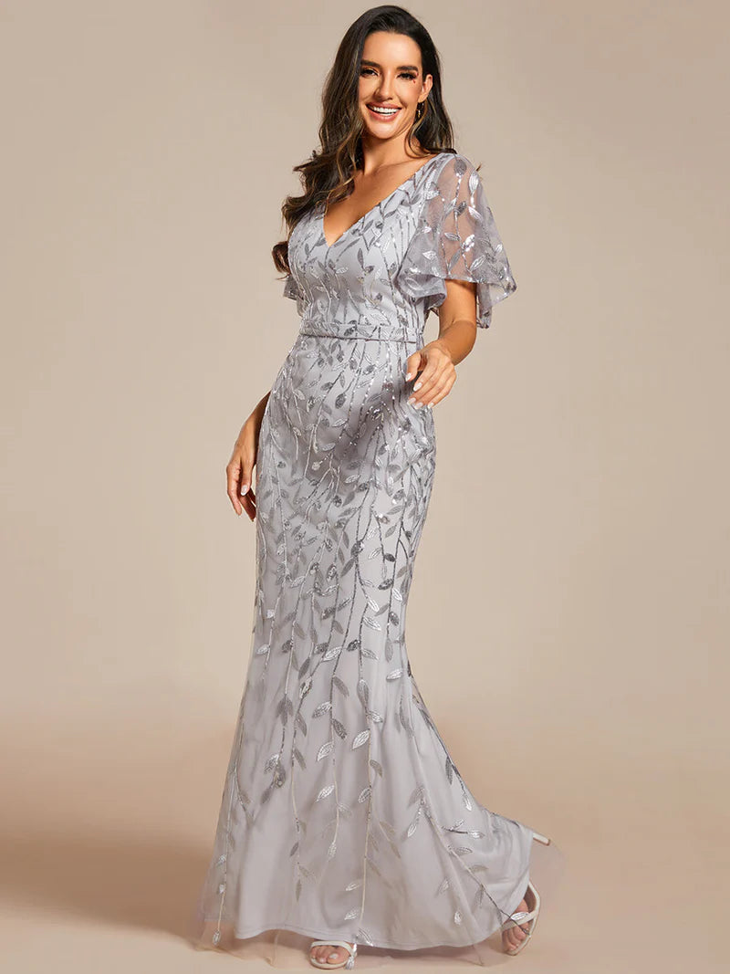 Gorgeous V-Neck Fishtail Party Dress with Leaf Sequin Embellishment