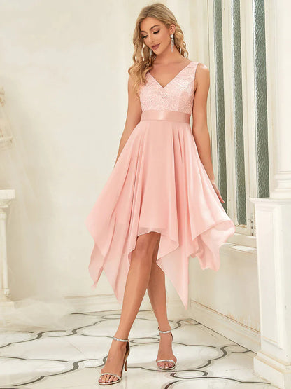 Deep V Neck Asymmetrical Hem Sleeveless Pink Dresses