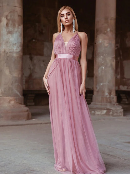 Sexy Deep V-neck Backless Tulle Maxi Evening Orchid Dress