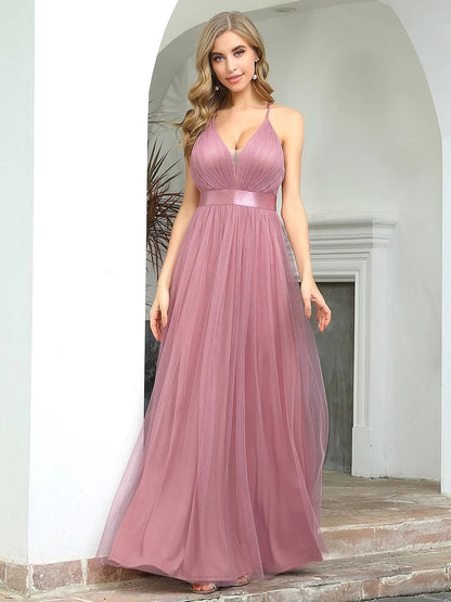 Sexy Deep V-neck Backless Tulle Maxi Evening Orchid Dress