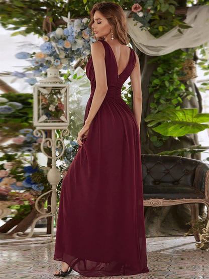 Elegant Double V-Neck Bridesmaid Dress – Floor-Length Maxi Gown