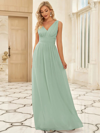 Elegant Double V-Neck Bridesmaid Dress – Floor-Length Maxi Gown